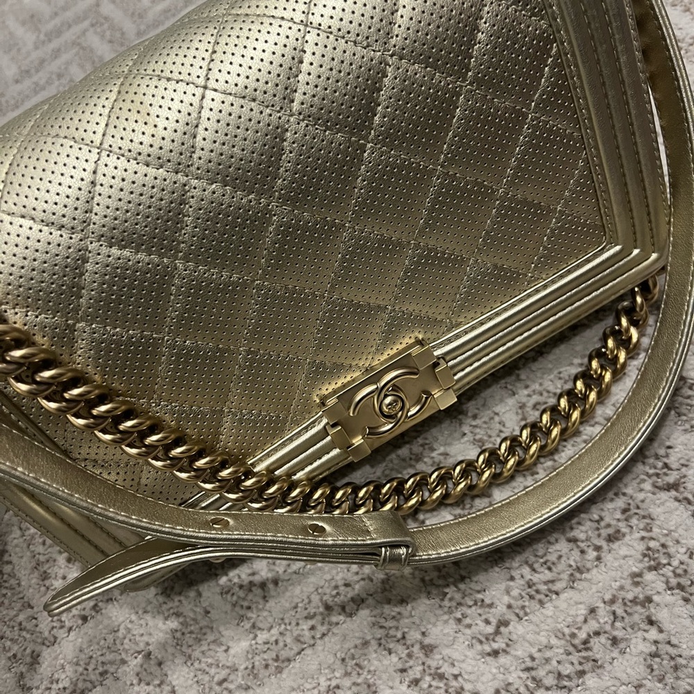 Light gold tone perforated leather Chanel boy bag!